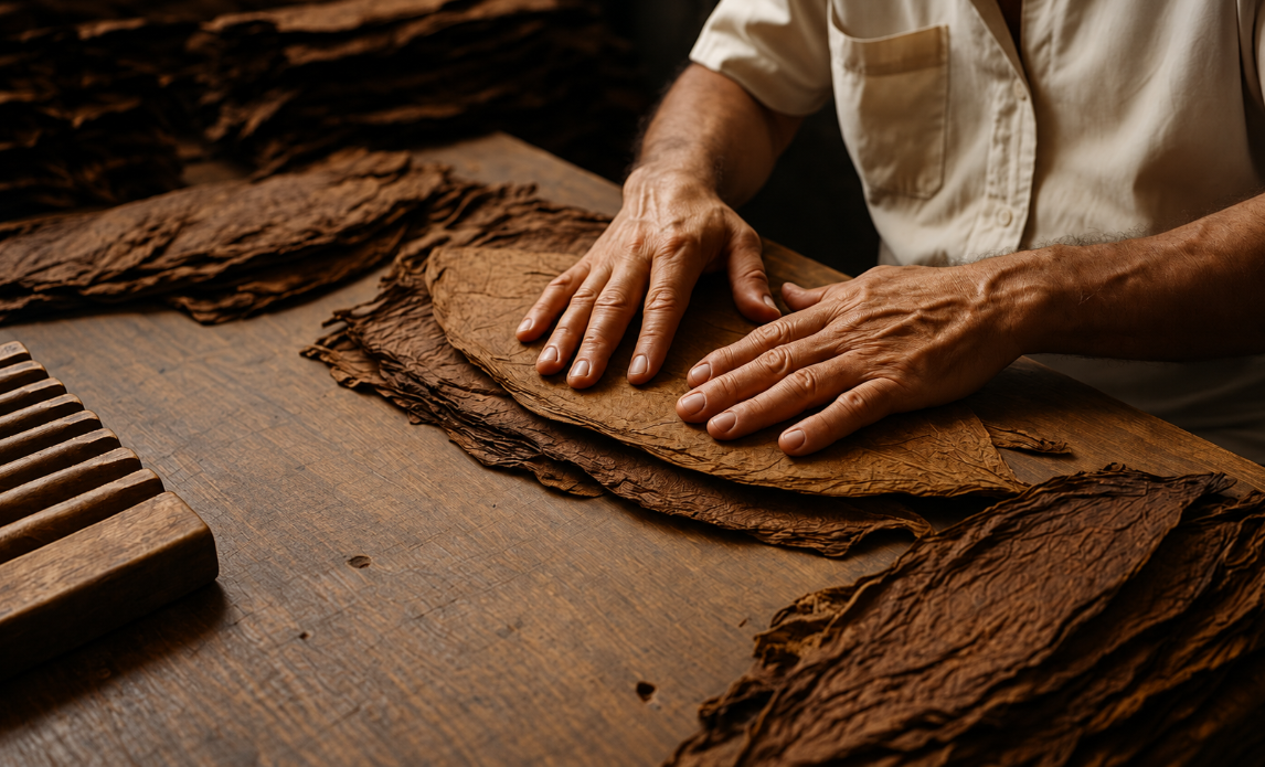Cigar maker preparing tobacco leaves by hand beside a wooden cigar mold